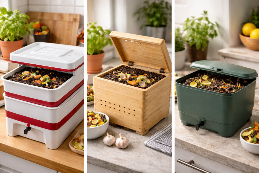 Indoor worm composting bins in three compact designs on a kitchen countertop for small-space vermicomposting.